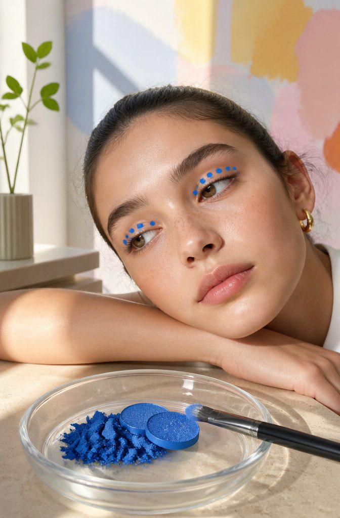 11 Simple Creative Makeup Looks for 2026 9 Model's eyelids with uniform electric blue dots.