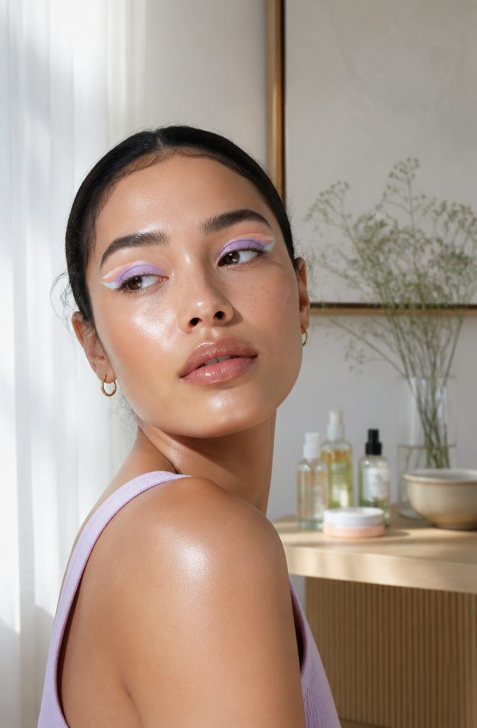 11 Simple Creative Makeup Looks for 2026 17 Model with glass skin and bold graphic eye makeup.
